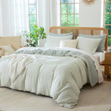 BUPIRD Sage Green Queen Size Comforter Set Striped 100% Soft Washed Microfiber Jacquard 3 Pieces Striped Bedding Sets Green White Comforter Queen for All Seasons and 2 Pillowcases Comfort Breathable BUPIRD