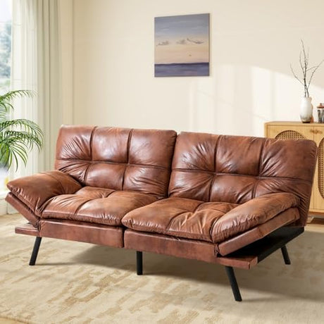 MUUEGM Brown Futon Sofa Bed Leather Memory Foam Modern Office Couch Sleeper Bed Convertible Love seat Sofa for Small Spaces,Apartment,Office with Adjustable Armrest Backrest MUUEGM