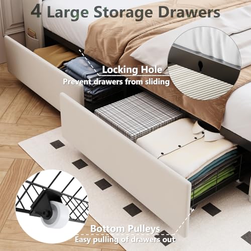 Full Bed Frame with 4 Drawers and Storage Headboard, Upholstered Platform Bed Frame Full Size with Led Lights and Handy Charging Station, No Box Spring Needed, Easy Assembly, Noise Free, Beige TIGUBFRE