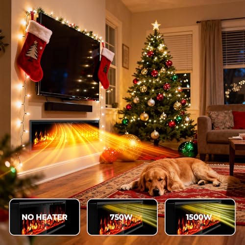 Eueiriup 50" Smart WiFi Electric Fireplace Narrow Bezel in Wall Recessed & Wall Mounted Fireplace Heater with App, Remote Control, Log Flame Option, 750/1500W for Indoor Used Heater Eueiriup