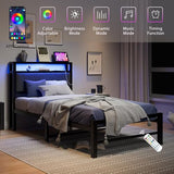 BOFENG Twin Bed Frame with Charging Station,LED Lights,Upholstered Storage Headboard,Heavy Duty Metal Platform Single Bed Frame Twin Size No Box Spring Needed,Solid and Stable,Noise Free,Grey BOFENG