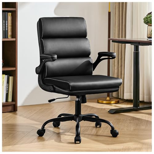 Office Chair Adjustable Desk Chair Mid Back Executive Comfortable Bonded Leather Ergonomic Back Support Home Computer Chair with Padded Flip-up Armrest Swivel Wheels (Black) amseatec
