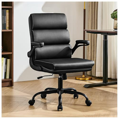 Office Chair Adjustable Desk Chair Mid Back Executive Comfortable Bonded Leather Ergonomic Back Support Home Computer Chair with Padded Flip-up Armrest Swivel Wheels (Black) amseatec