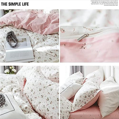 AMWAN Pink Floral Duvet Cover Full Size Cotton Garden Bedding Sets Kids Girls White Comforter Aesthetic Botanical Vintage Flower Print with Zipper Ties, Full (80''x90'') AMWAN