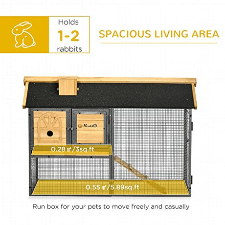 PawHut 47" Wooden Rabbit Hutch Outdoor with Run, Metal Frame, 2-Story Bunny Rabbit Cage with Removable Tray, Ramp, Bunny Hutch with Space-Saving Design PawHut