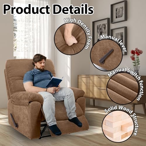 Chizzyseat Manual Oversized Recliner Overstuffed Chairs Large Recliner High Weight Capacity Big and Tall Man Recliner for Heavy Duty 400lbs Adults for Living Room, Bedroom, Nursery, RV Brown