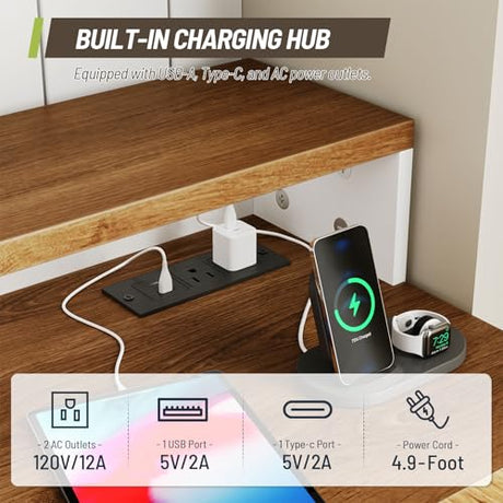 STHYTON Farmhouse 63" L Shaped Standing Desk, Corner Computer Desk with Drawers, Office Desk with File Drawers with RGB Lighting & Charging Station, Monitor Stand and Storage Shelves, White and Walnut STHYTON