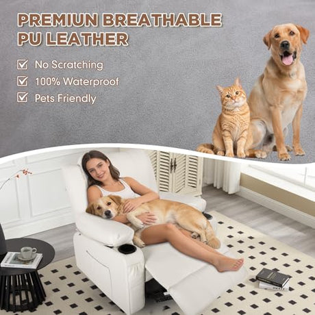 Comermax Faux Leather Rocker Recliner with Heat and Massage Cup Holders, Overstuffed Rocking Recliner Swivel Glider Chair for Nursery Heated Massaging Reclining Chair, Cream White Comermax