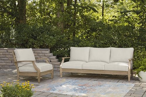 Signature Design by Ashley Carter Hall Outdoor Eucalyptus Wood Patio Sofa – Cushioned with UV-Resistant Nuvella Fabric, 5-Step Protective Finish, Beige Signature Design by Ashley