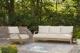 Signature Design by Ashley Carter Hall Outdoor Eucalyptus Wood Patio Sofa – Cushioned with UV-Resistant Nuvella Fabric, 5-Step Protective Finish, Beige Signature Design by Ashley