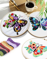 FREFTA 3 Pack Butterfly Embroidery kit for Beginners to Advanced, Floral Hand Embroidery & Cross Stitch mini Tool Kit with Stamped Patterns, Hoop, Threads & Needles, DIY Starter Kit with Instructions