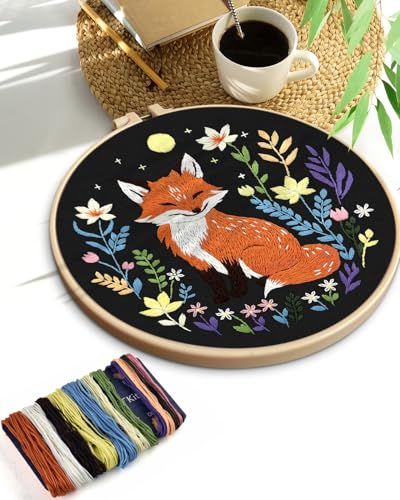 TINDTOP Embroidery Kit for Beginners Adult, Fox Embroidery Kit for Beginners Include Embroidery Cloth Hoops Threads for Craft Lover Hand Stitch with Embroidery Skill Techniques TINDTOP