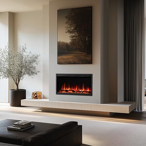 PuraFlame Herman 36 Inch Smart Linear Electric Fireplace - Premium Flame with 9 Colors, Clean Design, Recessed in-Wall or Wall-Mount or Free Standing, Compatible with Alexa and Google Assistant PuraFlame