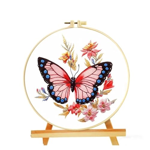 LSLFQYQSK Beginners Embroidery Kits - Butterfly DIY Cross Stitch Kits,Including,Stamped Flower Patterns,Hoop,Color Threads,Tools (Style B)
