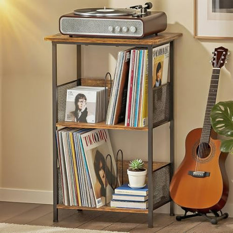 Record Player Stand,3 Tier Vinyl Record Stand,Turntable Stand with 2 Dividers&4 Adjustable Feet,Record Player Table with Vinyl Record Storage Up 200 Albums,Record Player Shelf for Living Room-Brown BeGyoku