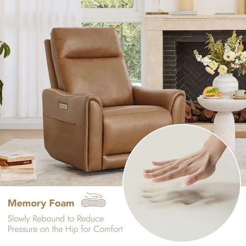 Watson & Whitely Genuine Leather Power Recliner Chairs for Adults, Swivel Glider Recliner Chair for Living Room with Charging Ports, Saddle
