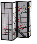 Roundhill Furniture Black Japanese 4-Panel Screen Room Divider, Plum Blossom Roundhill Furniture