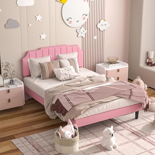 VECELO Full Size Upholstered Platform Bed Frame with Tufted Adjustable Headboard/Mattress Foundation/Wood Slat Support,Easy Assembly,Pink