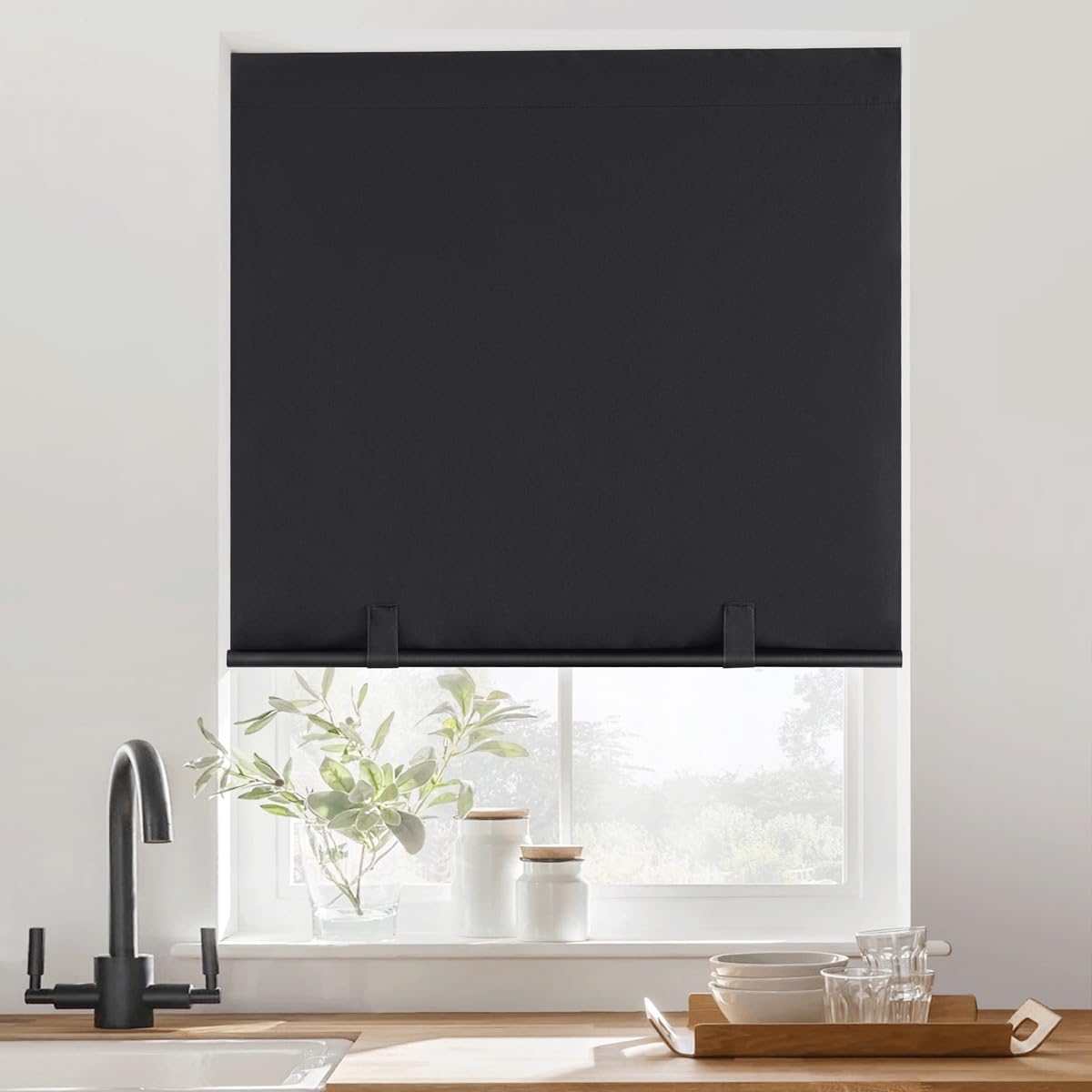 RYB HOME Black 100% Blackout Cordless Roller Shades Cuttable for Windows and Doors with 2 Magnetic Tie Backs Easy to Lift, No Drill Privacy Blinds with Customizable Width, W36 x L72, 1 Panel RYB HOME