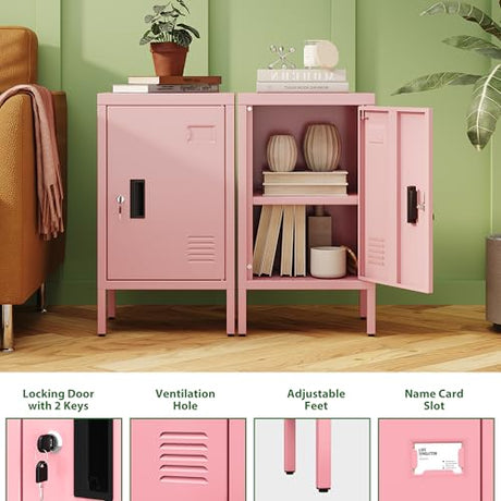 Aobabo 24.4" H Metal Locker Storage Cabinet with 1 Doors, Locker Nightstand with Adjustable Leveling Foot and Adjustable Shelves,Small Lockers for Home, Office, Assembly Required, Pink Aobabo