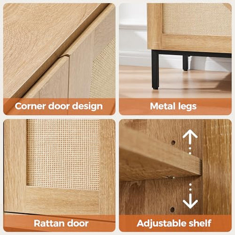 Mericonia Buffet Cabinet with Storage, Sideboards 2 Doors with Metal Base and Adjustable Shelf for Kitchen, Coffee Bar, Entryway, Hallway,Living Room (Rattan Buffet Cabinet, Natural) Mericonia