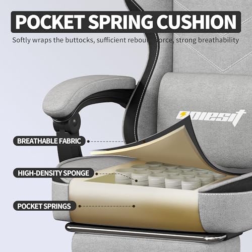 Opiesit Gaming Chair,Computer Chair with Pocket Spring Cushion,Ergonomic Office Chair with Footrest,Height Adjustable Video Gamer Chair with Lumbar Support for Adults (No Massage, Grey) Opiesit