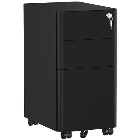 DWVO 3-Drawer Vertical File Cabinet, Mobile Filing Cabinet with Lockable, Pre-Assembled Compact Slim File Cabinet, Portable Office Storage for A4/Letter/Legal Documents (Black) DWVO