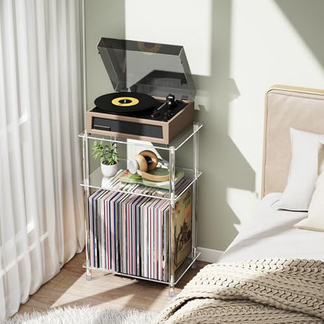 Bekugee Clear Acrylic Record Player Stand with Vinyl Storage, 15.75" L x 11.81" W x 24.5" H, 3 Tier Small Side Turntable Table with Album Shelf, Modern Bedside End Table for Living Room, Bedroom Bekugee