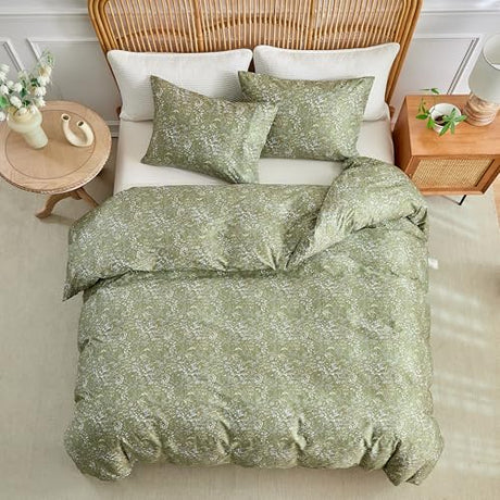 AMWAN King Size Comforter Set Olive Green 3 Pieces King Boho Floral Bedding Set, All Season King Bedding Sets with 1 Comforter and 2 Pillowcases, Soft Thick Aesthetic Comforter Sets AMWAN