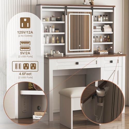 Farmhouse Vanity Desk with Mirror and Lights, 42" W Makeup Vanity Desk with Sliding Mirror, Barn Door Vanity with Hairdryer Holder and Charging Station, Large Makeup Vanity with Storage Bench, White HIROHRTV