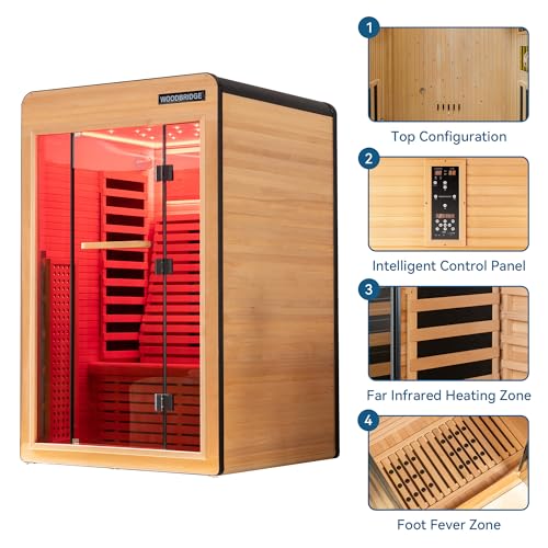 Woodbridge Infrared Home Sauna Room 2 Person Hemlock Wooden Indoor Sauna,7 Carbon 2230W/120V Heaters,with Led Color Therapy Light,Bluetooth Speaker,Tempered Glass,Touch-Tone Keypad and A Top Vent WOODBRIDGE