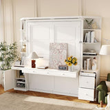 Bekeknlny Modern Queen Murphy Bed with Desk, Storage Shelves and Cabinets, Hidden Wall Bed for Space-Saving Home Office (White/H10) Bekeknlny