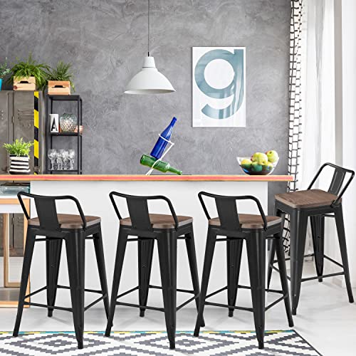 Yaheetech 24'' Metal Bar Stool 4PCS Low Back Conuter Stools for Indoor/Outdoor Barstools Metal Black Stools Bar Chairs w/Wooden Seat Metal Leg