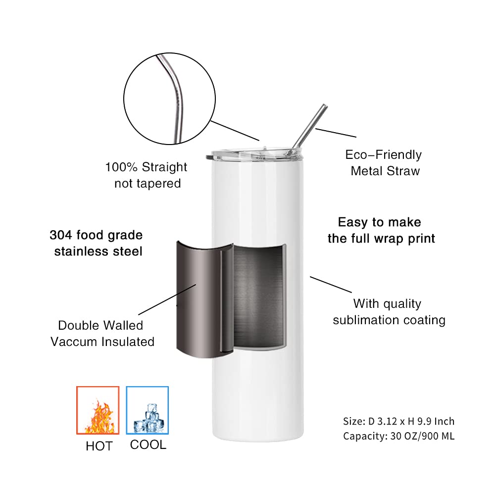 PYD Life Sublimation Blanks Tumbler Skinny 30 OZ Straight Stainless Steel Coffee Tumbler with Lid and Metal Straw for Tumbler Press Machine Heat Transfer 4 Pack PYD Life