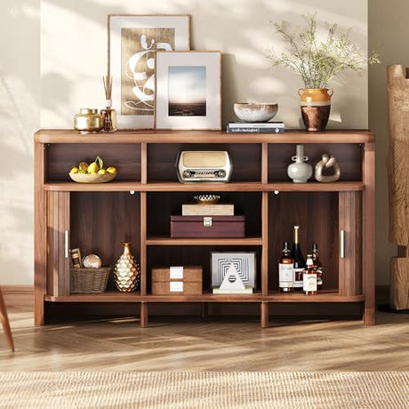 IRONCK 55" Sideboard Buffet Cabinet with Storage, Fluted Credenza with Sliding Door & Open Shelf, Mid Century Modern Accent Coffee Bar Console Table for Kitchen, Living Room, Entryway, Walnut IRONCK