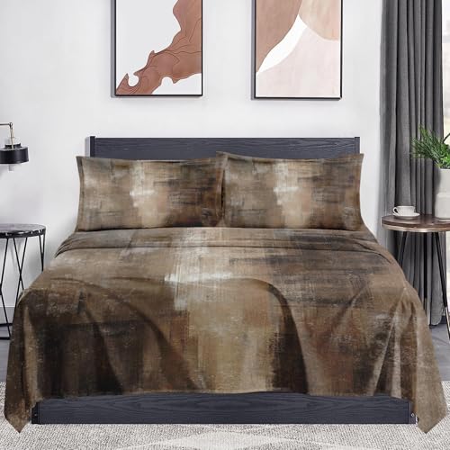 WeCozy King Size Bed Sheet Sets with Pillowcases, Brown Grey Painting 4 Pcs Soft Microfiber Bedding for Kids and Adults, Beige Contemporary Flat, Fitted Sheet for Bedroom Bed Decor WeCozy