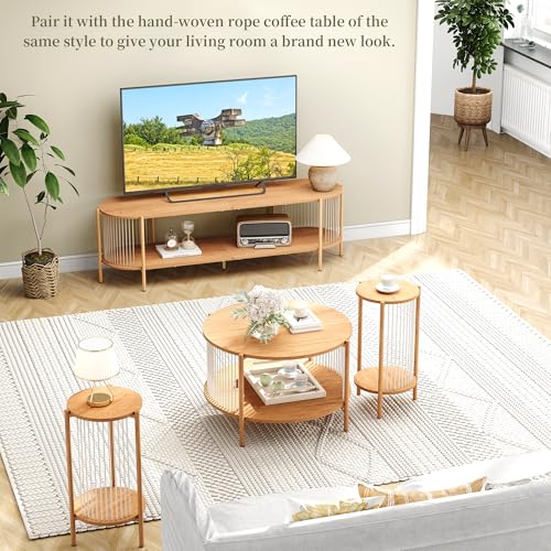 Yechen Boho Natural Hand-woven Rope TV Stand for Up to 65" TV, Mid-Century Modern TV Console, Wooden Oval Entertainment Center for Living Room, Media Console with Storage Shelf and Sturdy Steel Legs Yechen