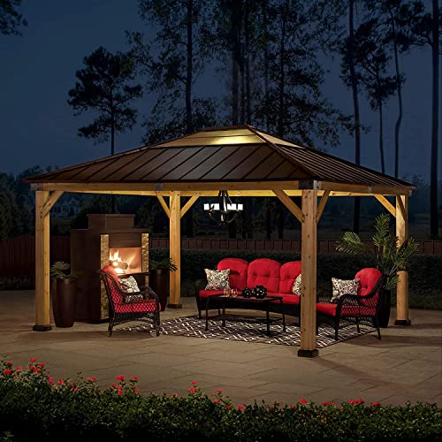 Sunjoy Hardtop Gazebo 13 x 15 ft. Upgrade Cedar Framed Wood Gazebo with Brown Steel and Polycarbonate Hip Roof Hardtop for Garden, Backyard Shade, Brown Roof + Natural Wood Frame - WoodArtSupply