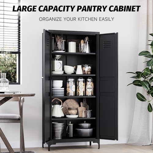 Metal Storage Cabinet with Doors and Shelves,Metal Pantry Cabinet,Black Craft Storage Cabinet,Ventilated Pantry Storage Cabinet,Tall Large Closet Cupboard for Home,Kitchen,Dining/Living/Laund - WoodArtSupply