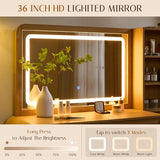 wow97e 50" Makeup Vanity Desk with 35.43" Mirror and Lights, Large 5 Drawers Makeup Table with Adjustable Shelves and Charging Station, 3 Lighting Modes for Women and Girls, Bedroom or Dorm, Natural wow97e