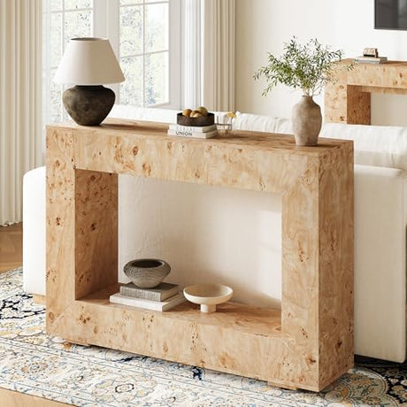 AMERLIFE 47.2" Burl Wood Console Table, Narrow Entryway Table with Storage, Modern Luxury Sofa Table for Living Room, Entrance, Hallway, Foyer & Office, Natural AMERLIFE