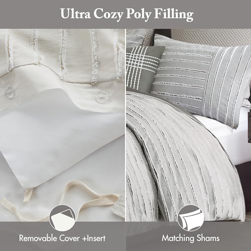 Madison Park King Comforter Set, Removable 100% Cotton Duvet Cover King Size with Insert, Farmhouse Bedding, Textured Stripe Clipped Jacquard Accent, King, Grey 9 Piece Madison Park