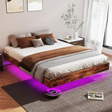 Floating Bed Frame Full with LED Lights, Metal Platform Full size Floating Bed Frame with Under Bed Storage, Heavy Duty Steel Slats Support, No Box Spring Needed, Noise Free, Easy Assembly, Brown RVONOW