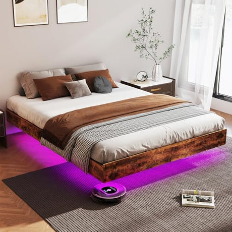 Floating Bed Frame Full with LED Lights, Metal Platform Full size Floating Bed Frame with Under Bed Storage, Heavy Duty Steel Slats Support, No Box Spring Needed, Noise Free, Easy Assembly, Brown RVONOW