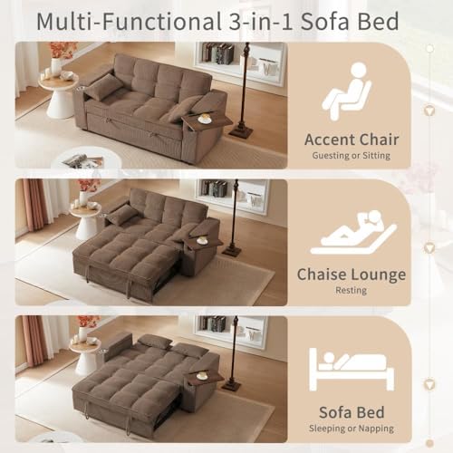 oaaktu ﻿ Large Size Convertible Sleeper Sofa Bed,Polka dot Velvet Pull Out Futon Couch with Storage handrails & Rotating Side Tables,Convertible Sofa Couch for Living Room,RV (Coffee) oaaktu