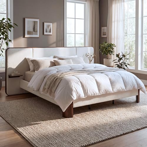 Merax King Size Upholstered Platform Bed Frame with Large Curved Headboard,Built-in Floating Shelves,Wood Slats and Metal Support for Bedroom,Noise-Free Merax