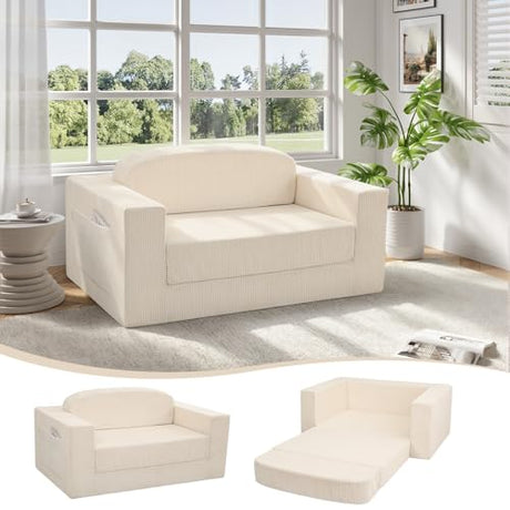 MeMoreCool Convertible Sofa Bed – Small Beige Corduroy Loveseat Sleeper, Boneless Fold-Out Cloud Couch with Foam, Trifold Floor Futon with Washable Cover for Bedroom, Apartment, Guest Room MeMoreCool