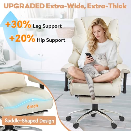 Mvpipi Massage Office Chair with Foot Rest, Ergonomic Executive Heated Office Chair with Reclining Backrest, Adjustable Arms and Lumbar Support, High Back Leather Desk Chairs for Home Office, Beige Mvpipi