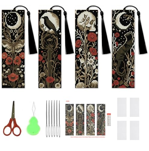 NEGEKFKX 4 Pcs Flower Cross Stitch Bookmark Kit for Adult Beginners,Bohemia Moth Cross Stitch Kits 14 CT DIY Cross Stitch Kits Adult Stamped Bookmark Embroidery Bookmarks Kit