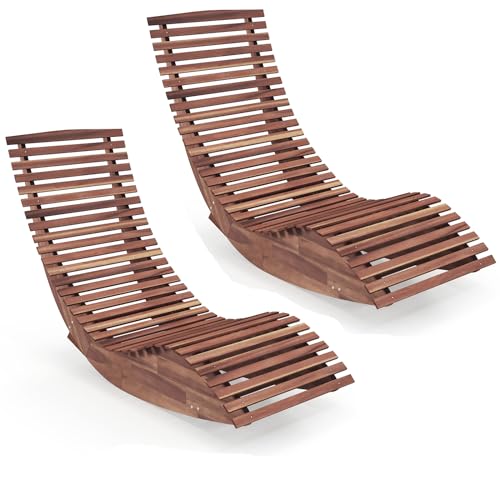 Giantex Outdoor Chaise Lounge Chair - Set of 2 Acacia Wood Outdoor Lounger, Patio Lounge Chair with Slatted Design, Rocking Chair, Patio Rocker for Sunbathing, Poolside, Beach Lounge Chairs